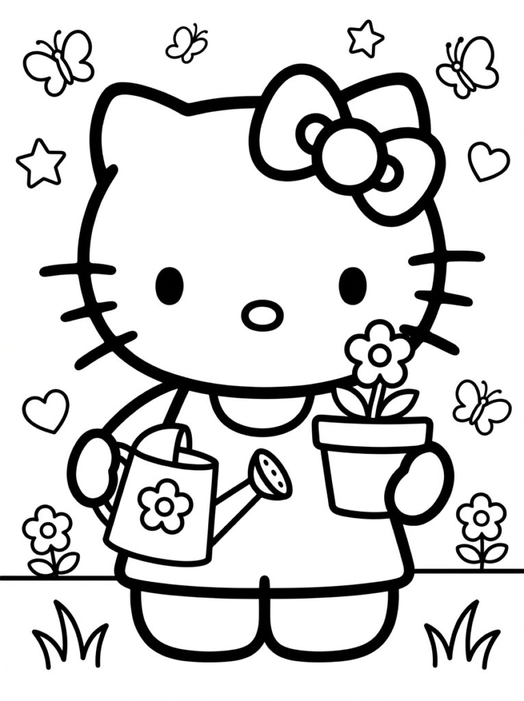 Hello Kitty met gieter en bloempot tussen vlinders