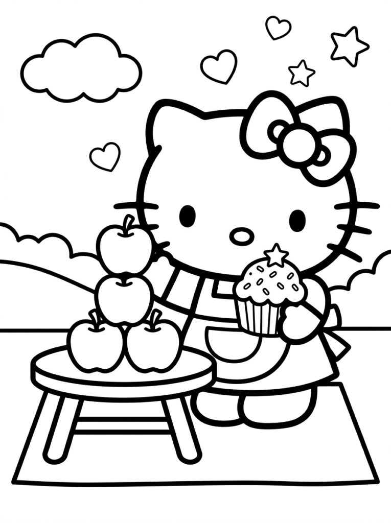 Hello Kitty met muffin naast kruk met appels