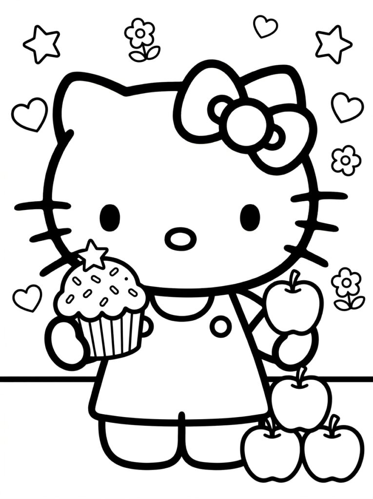 Hello Kitty met cupcake en appels tussen sterren