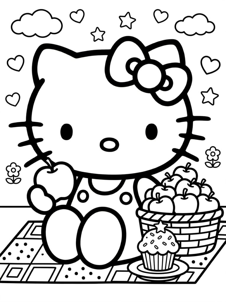 Hello Kitty met appel naast mand met appels