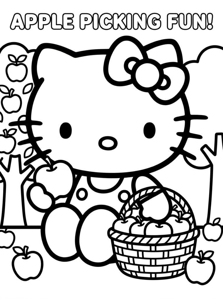 Hello Kitty met appelmand naast appelboom