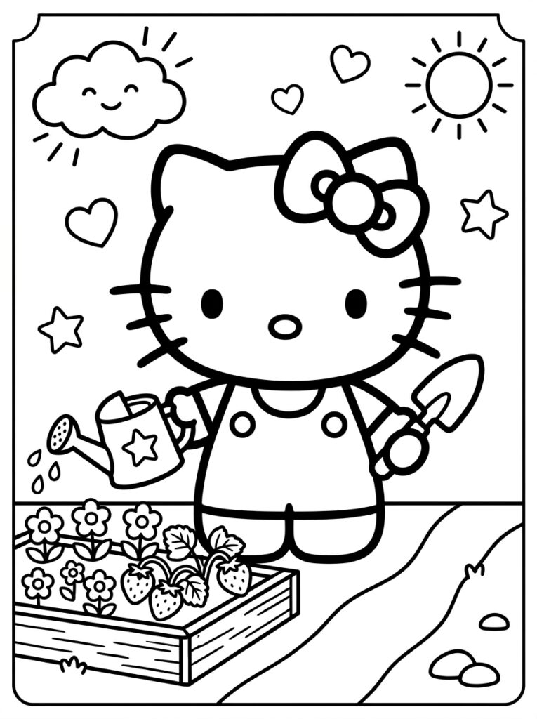 Hello Kitty met gieter bij plantenbak