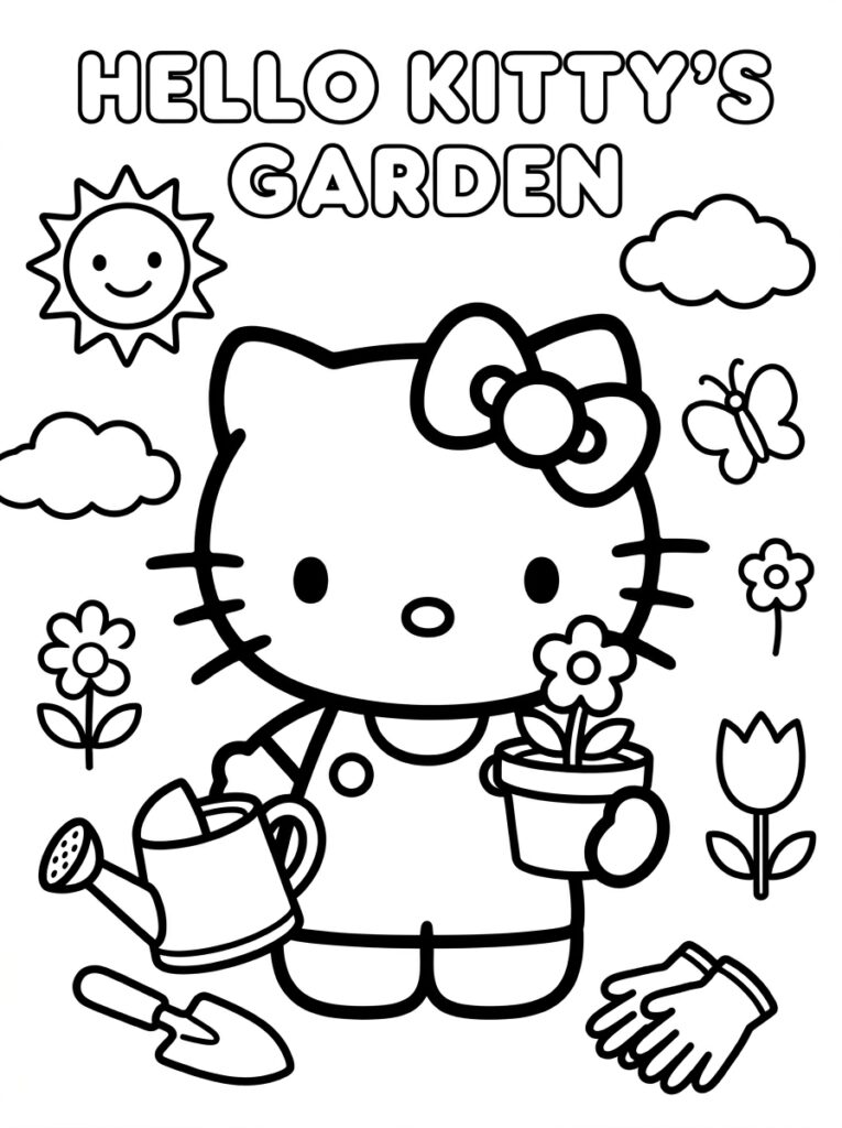 Hello Kitty met bloempot in de tuin