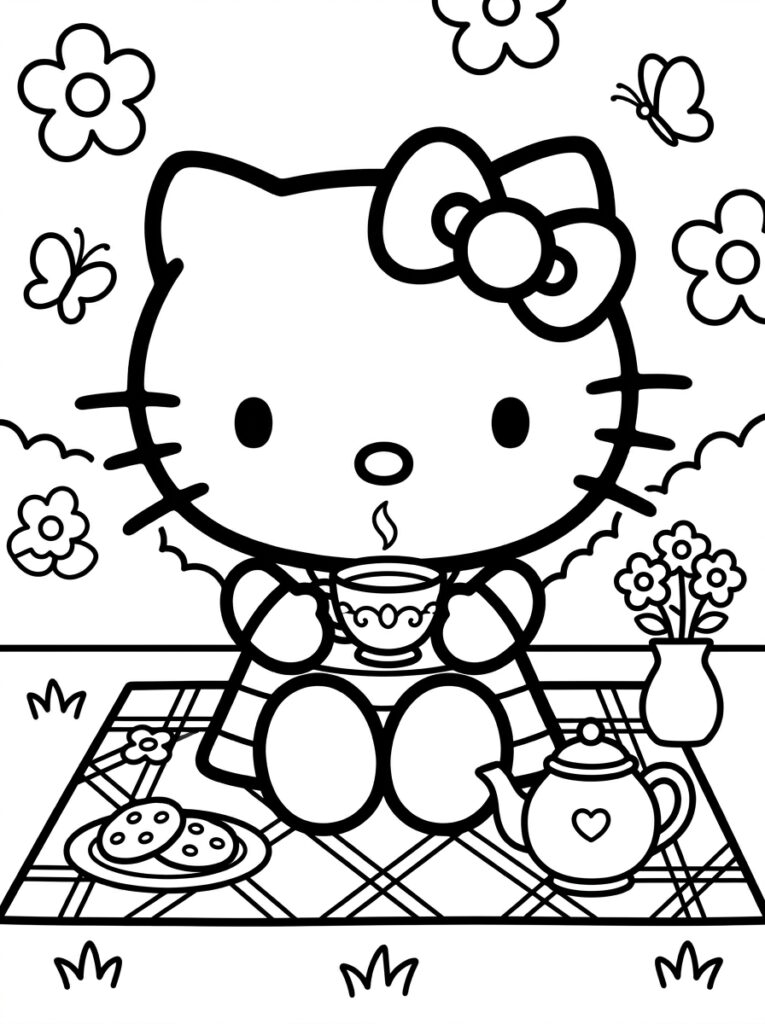 Hello Kitty met theekop op picknickdeken