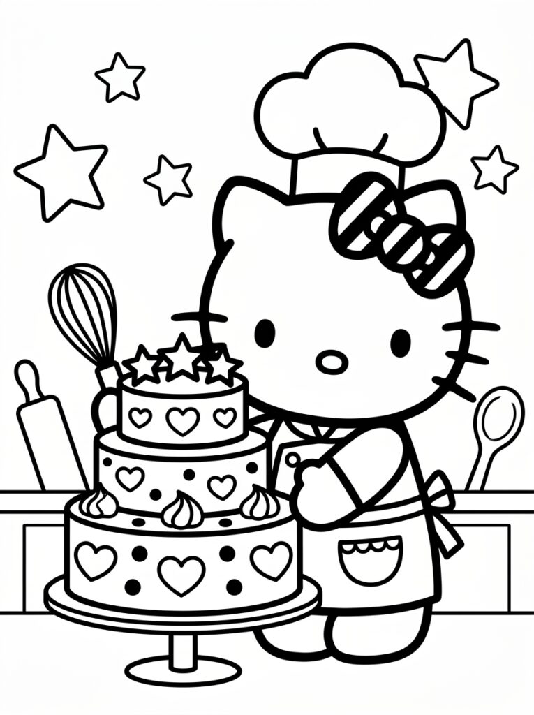 Hello Kitty met koksmuts bij taart met harten