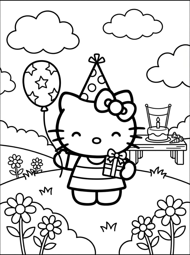 Hello Kitty met verjaardagshoed houdt ballon en cadeau vast