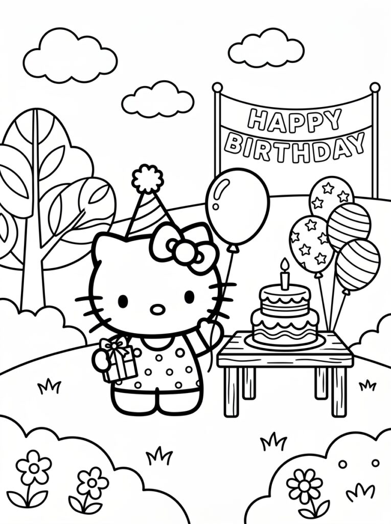 Hello Kitty met hoedje naast taart en ballonnen