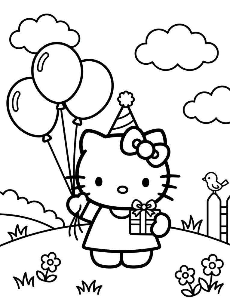 Hello Kitty met feestmuts houdt ballonnen en cadeau vast