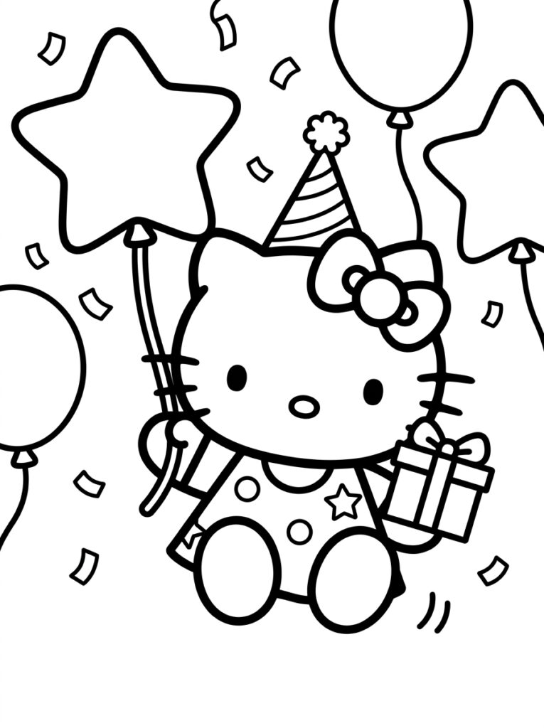Hello Kitty met feesthoed en cadeau bij ballonnen