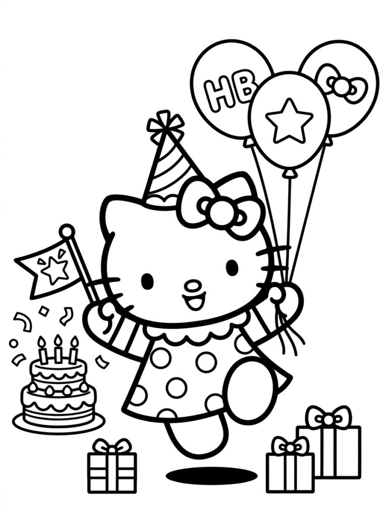 Hello Kitty danst met ballonnen vlag en verjaardagstaart