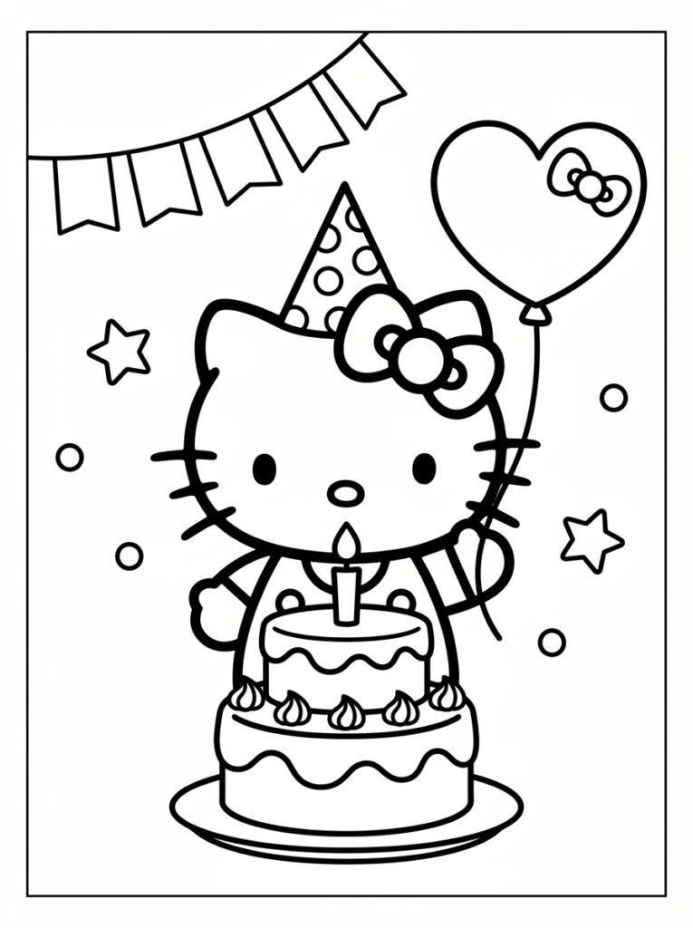 Hello Kitty met hoedje bij taart en hartballon