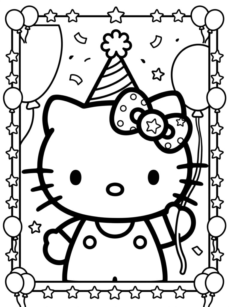 Hello Kitty met feestmuts tussen sterren en ballonnen