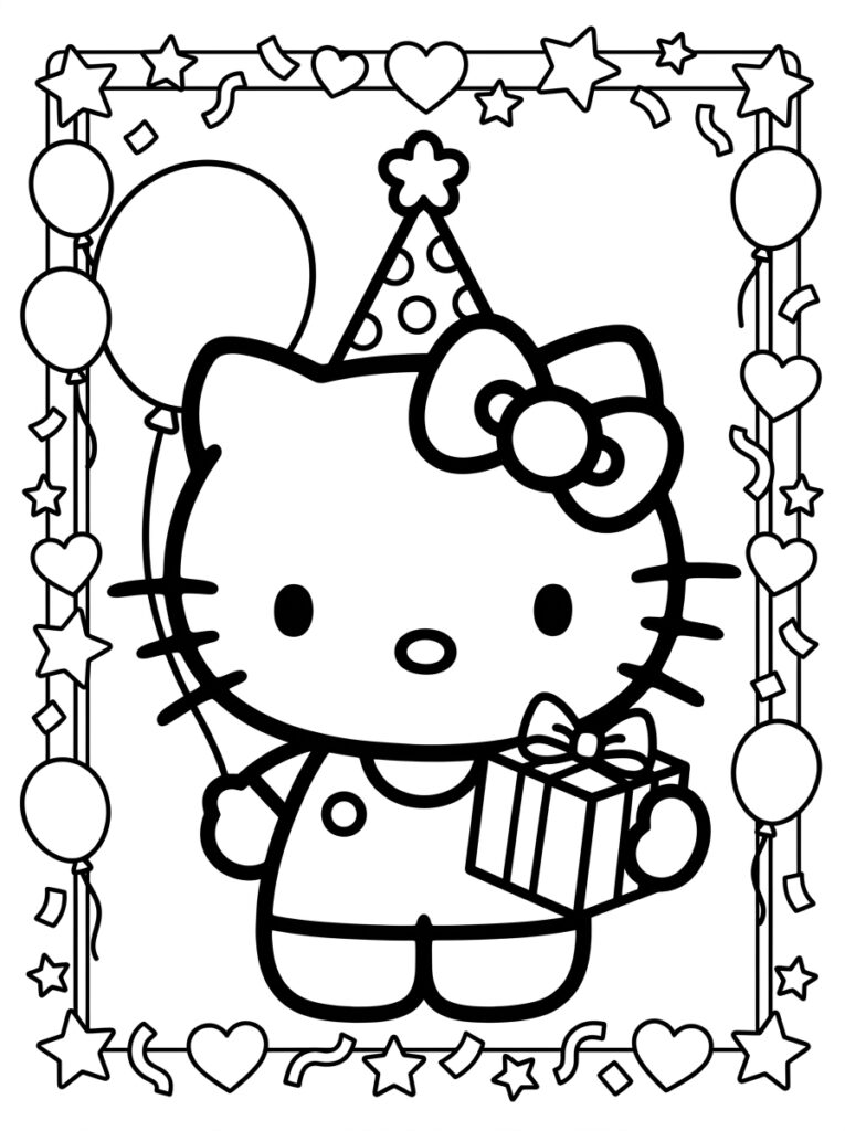 Hello Kitty met feestmuts houdt cadeau vast