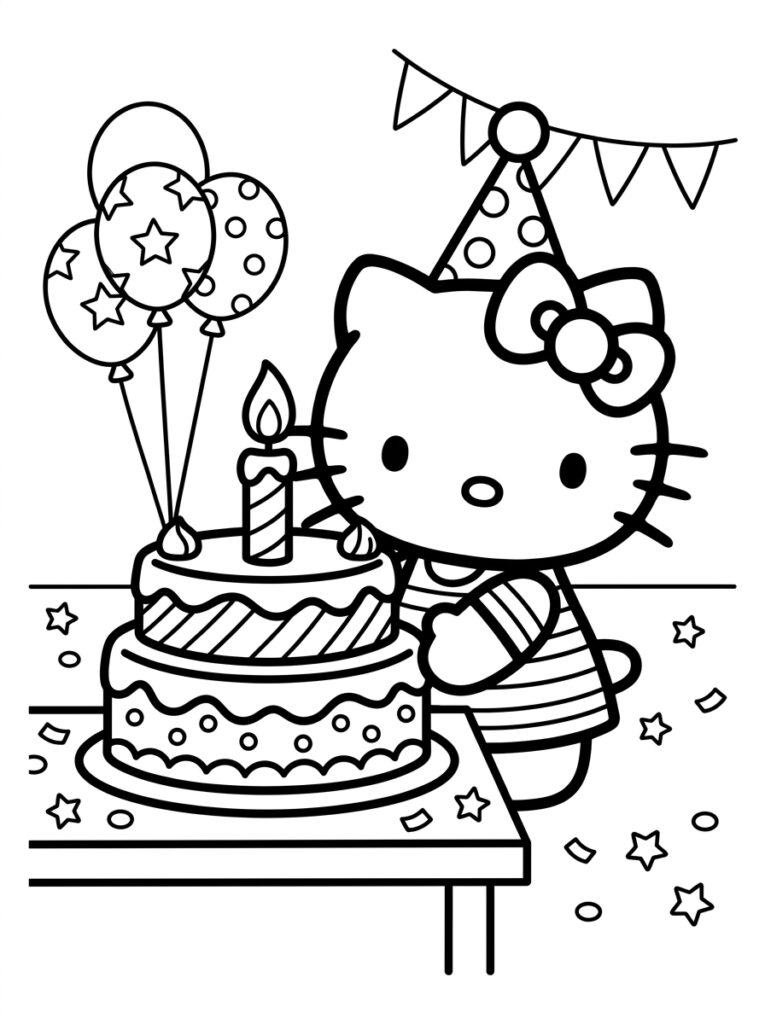 Hello Kitty naast verjaardagstaart met kaars op tafel