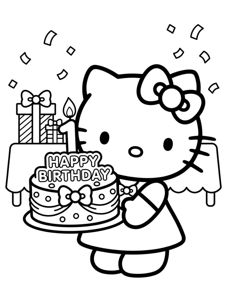 Hello Kitty draagt verjaardagstaart met kaars vast