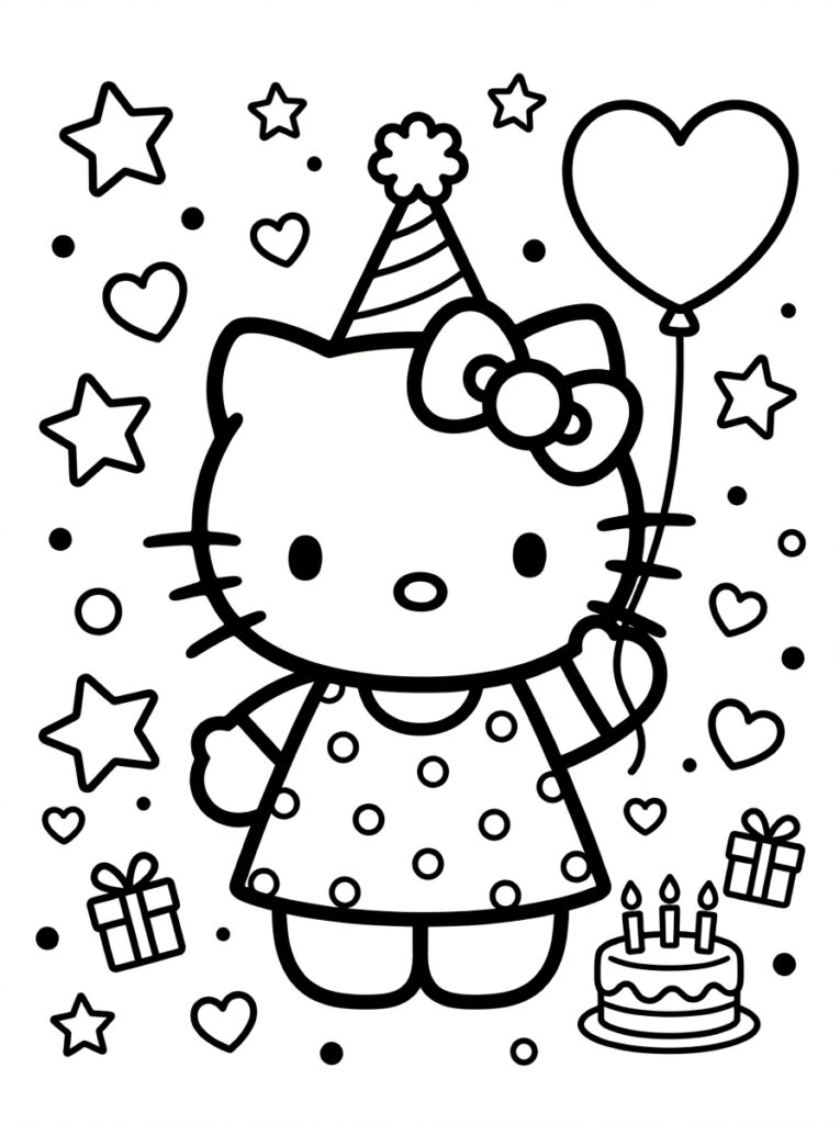Hello Kitty met feestmuts en hartvormige ballon