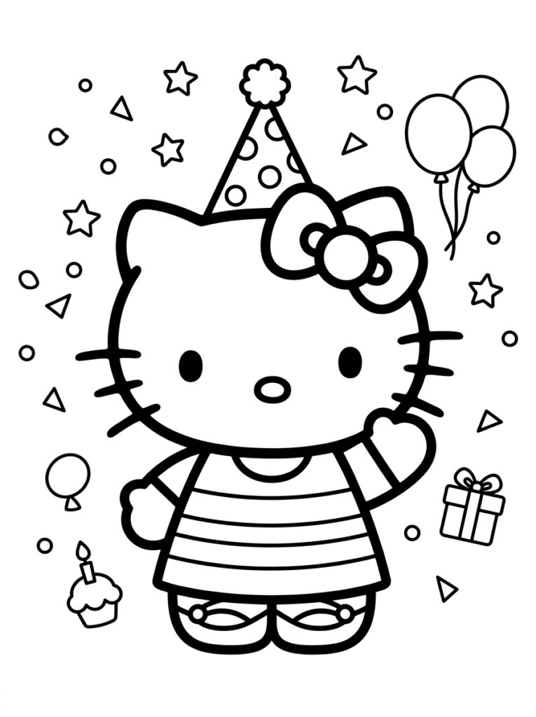 Hello Kitty met feestmuts bij ballonnen en cupcake
