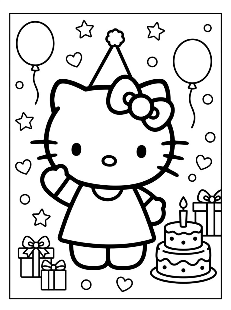 Hello Kitty bij verjaardagstaart met cadeaus