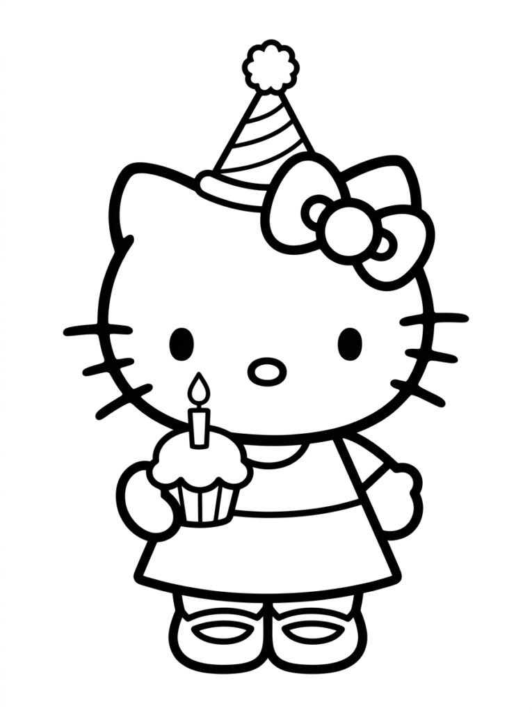 Hello Kitty met feestmuts houdt cupcake vast