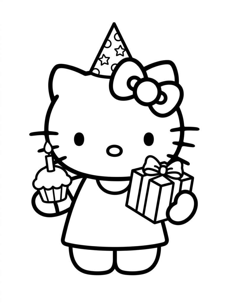 Hello Kitty met feestmuts en cupcake en cadeau
