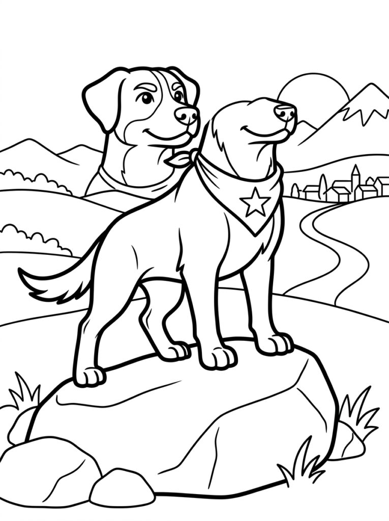 Twee honden met halsdoek op grote rots