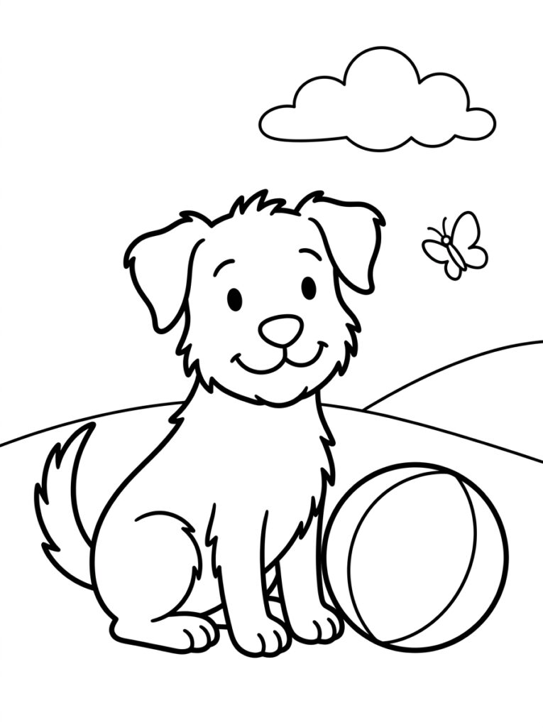 Hond zit naast bal met vlinder