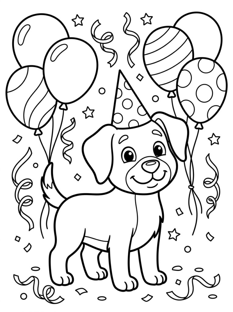 Hond met feesthoed omringd door ballonnen en slingers