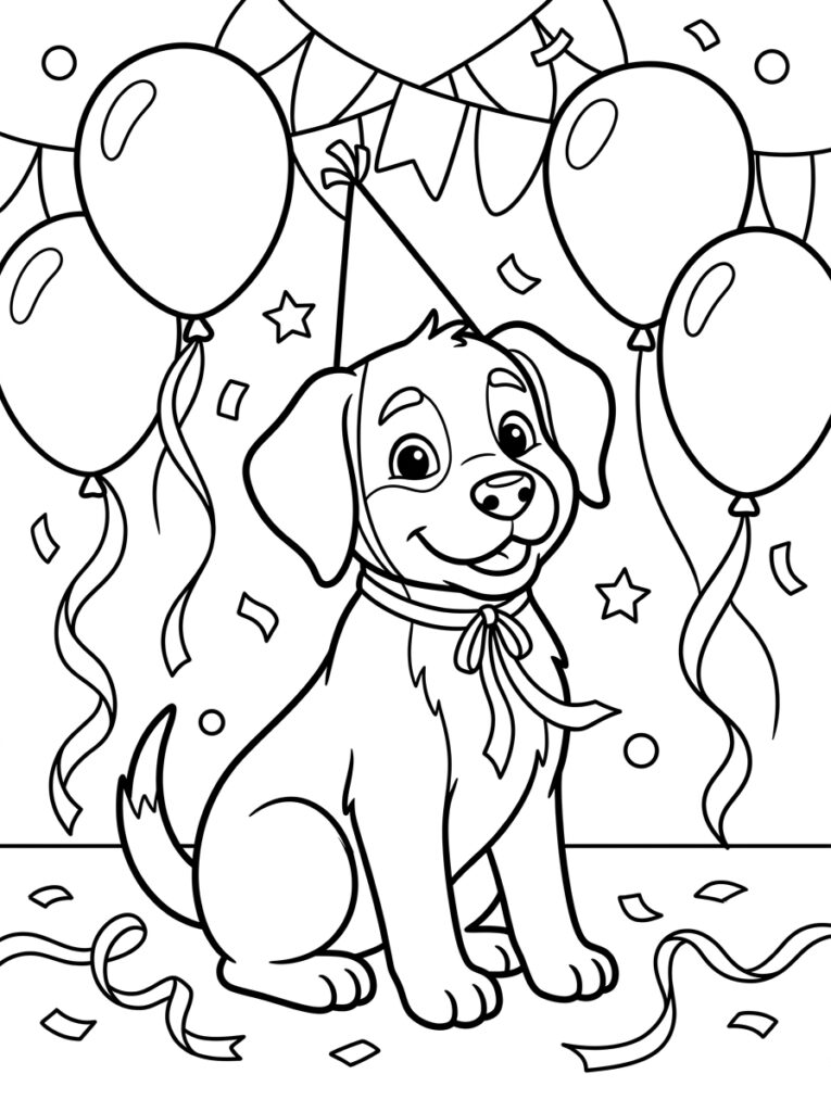 Zittende hond met hoedje en strik bij ballonnen