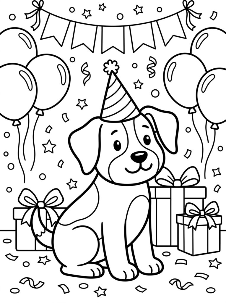 Zittende hond met feesthoed bij cadeaus en ballonnen