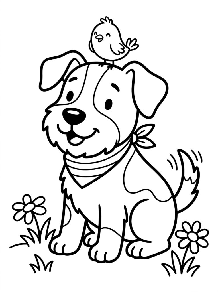 Hond met vogel op hoofd tussen bloemen