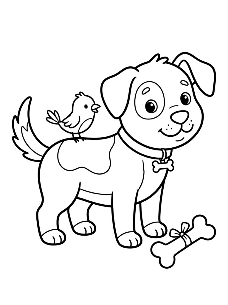 Staande hond met vogel op rug naast bot