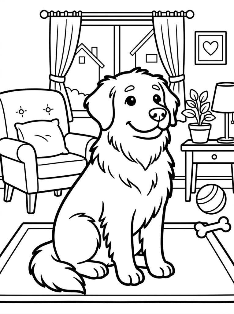 Grote hond in woonkamer met stoel bal en bot