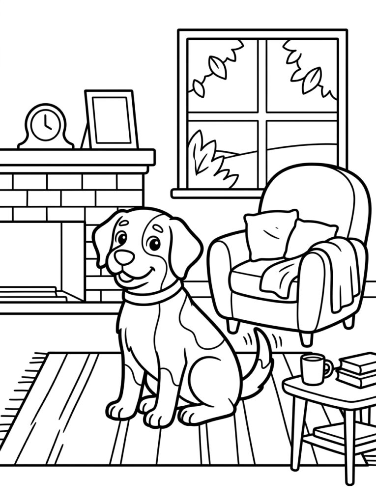 Hond in woonkamer met haard fauteuil en venster