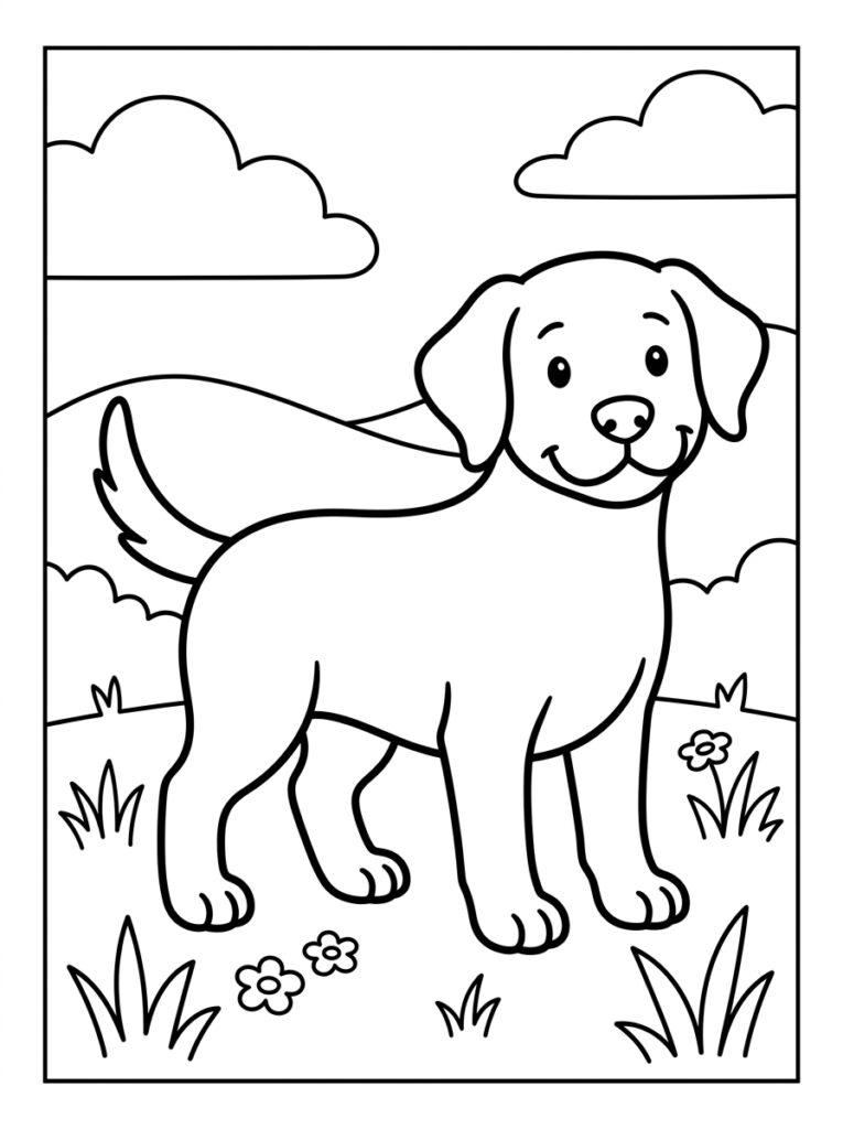 Staande hond in veld met bloemen en wolken
