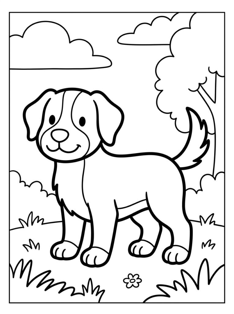 Hond staat naast boom in het gras