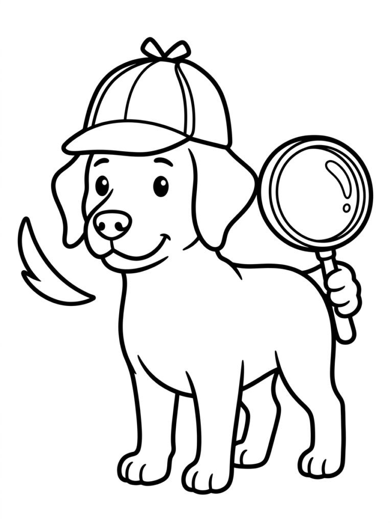 Staande hond met pet en vergrootglas