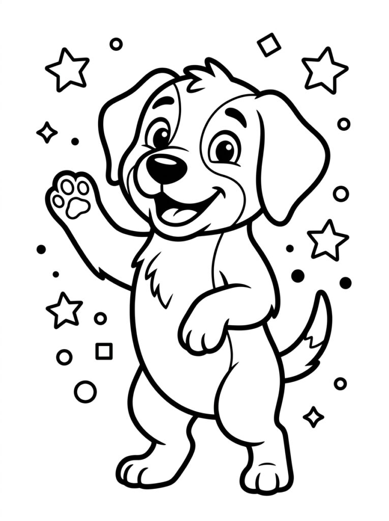 Hond danst met poot omhoog tussen sterren