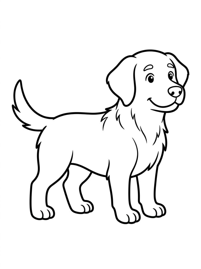 Staande hond met glimlach kijkt naar rechts
