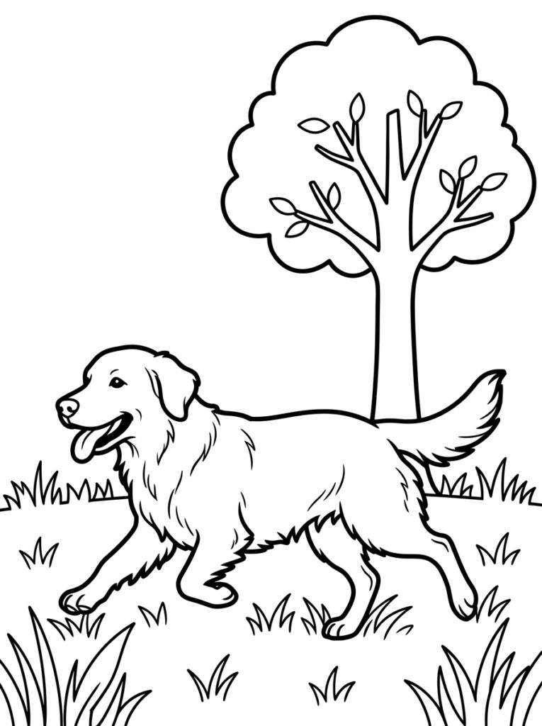 Kleurplaat van een hond met uitgestoken tong lopend in het gras bij een grote boom