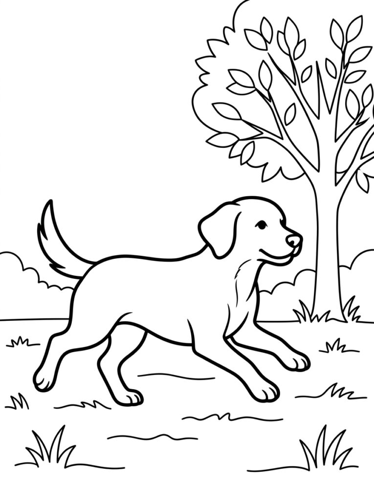 Kleurplaat van een rennende hond in het gras bij een boom