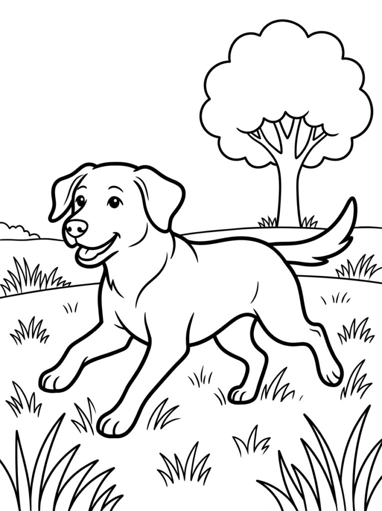 Kleurplaat van een blije hond met open bek rennend door het gras met een boom