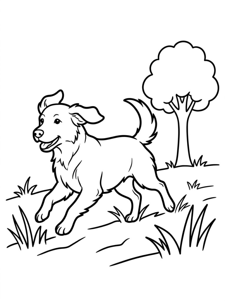 Kleurplaat van een hond met krullende staart rennend in het gras bij een boom