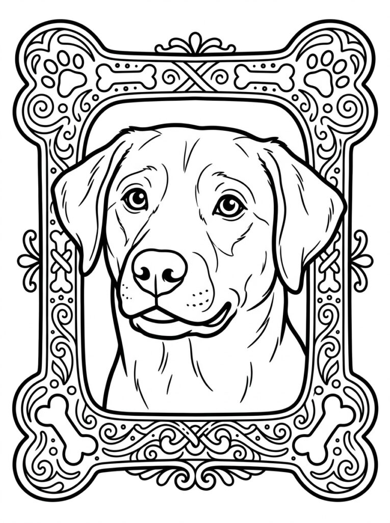 Kleurplaat van een hond in een ornamentele lijst met botten en krullen