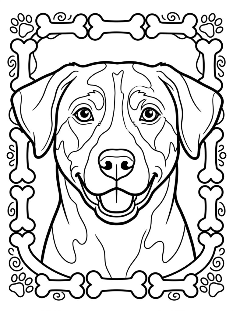 Kleurplaat van een hond met tong uit de bek in een decoratieve bottenlijst