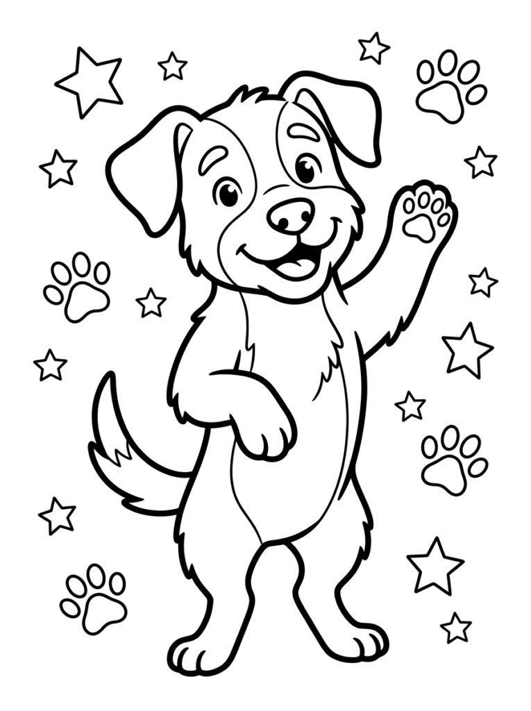 Kleurplaat van een staande cartoon puppy die een poot opsteekt omringd door sterren en pootafdrukken