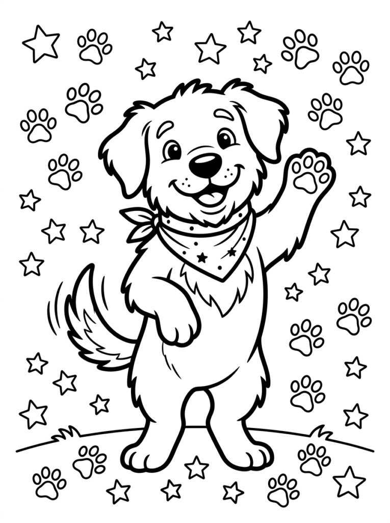 Kleurplaat van een vrolijke hond met bandana die een poot opsteekt omringd door sterren en pootafdrukken