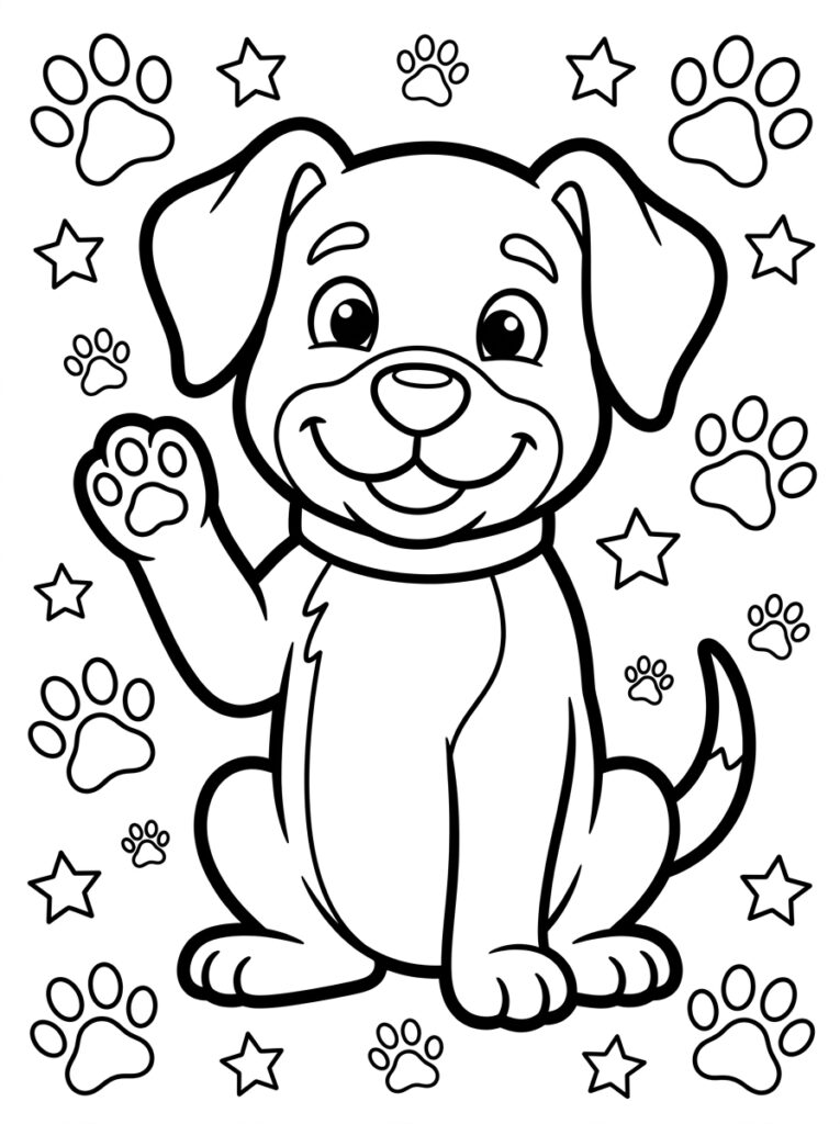 Kleurplaat van een schattige hond zittend met een poot in de lucht omringd door sterren en pootafdrukken