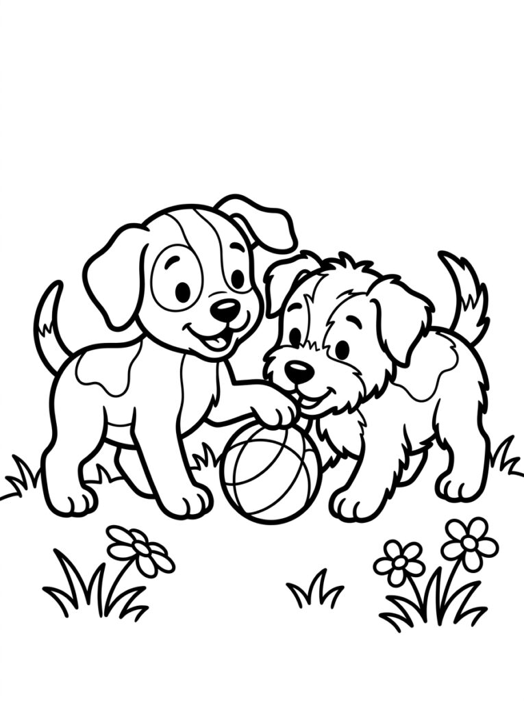 Kleurplaat van twee puppies die samen spelen met een bal en bloemen in het gras