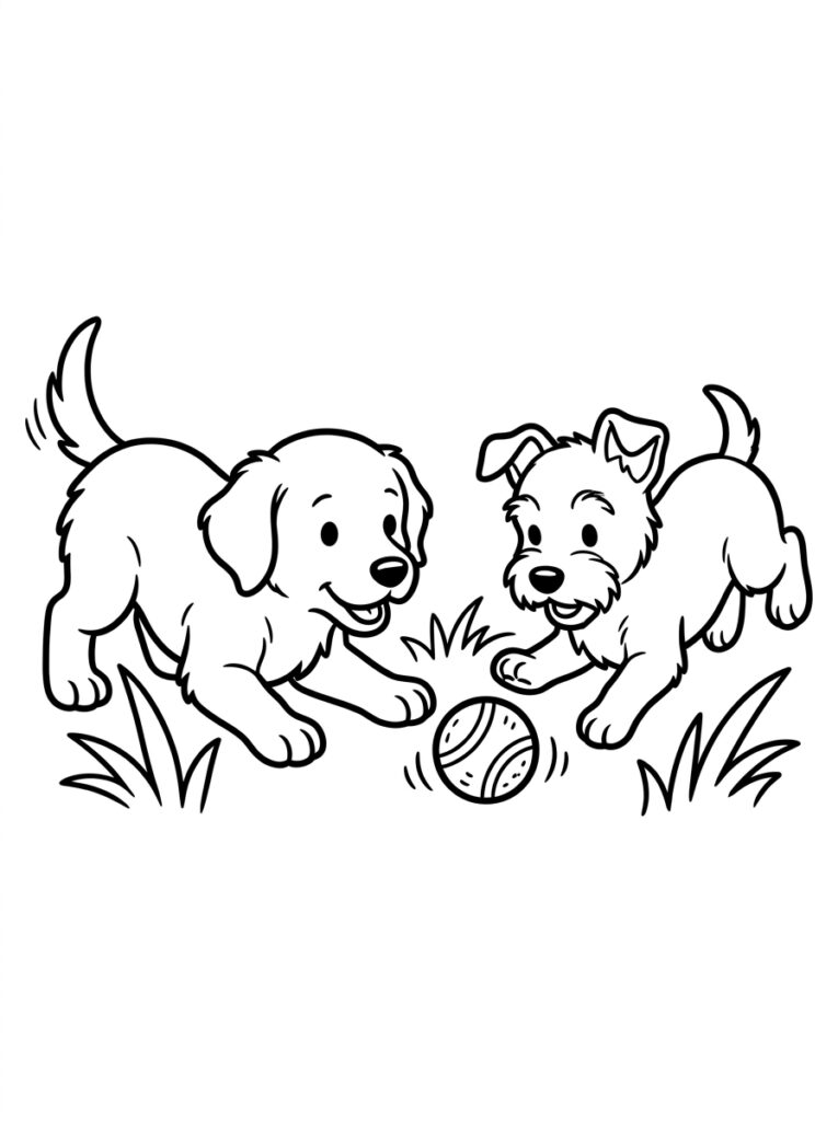 Kleurplaat van twee honden die een bal bespelen in het gras