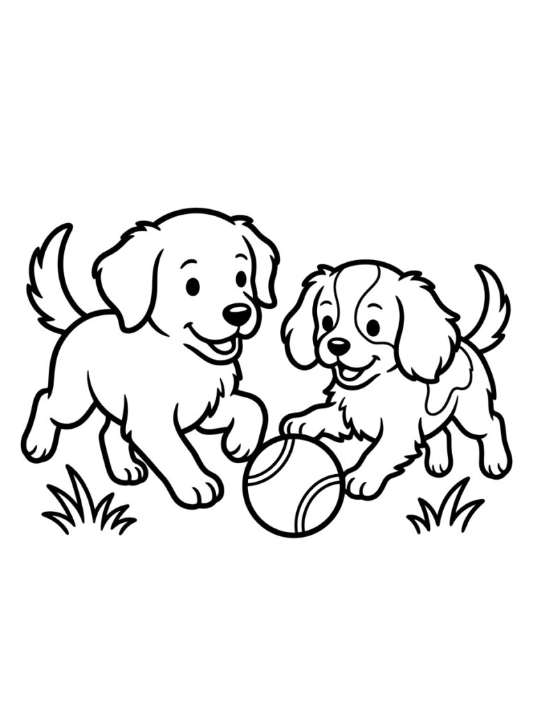 Kleurplaat van twee blije honden bij een tennisbal in het gras